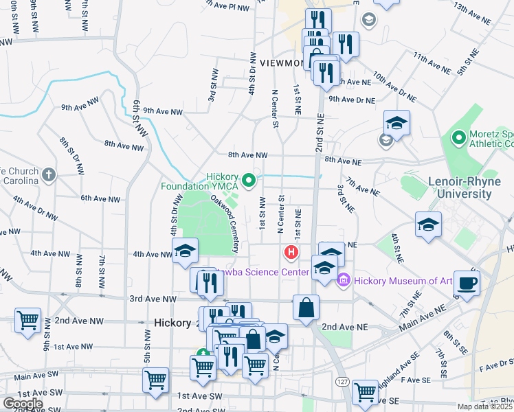 map of restaurants, bars, coffee shops, grocery stores, and more near 567 1st Street Northwest in Hickory