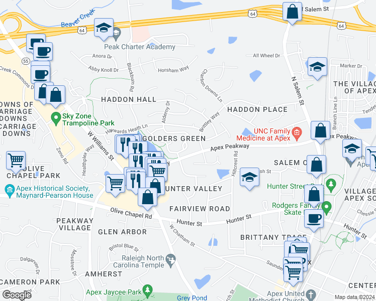 map of restaurants, bars, coffee shops, grocery stores, and more near 1104 Nottinghill Walk in Apex