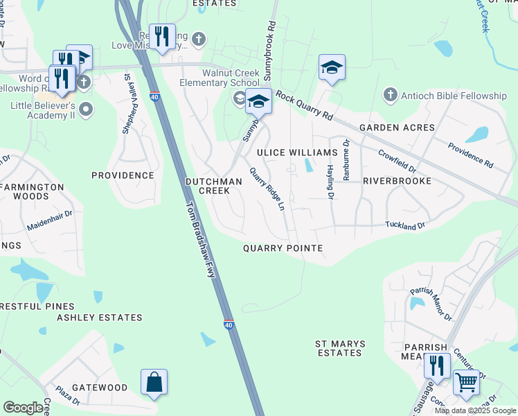 map of restaurants, bars, coffee shops, grocery stores, and more near 2665 Pebble Meadow Lane in Raleigh