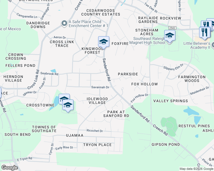 map of restaurants, bars, coffee shops, grocery stores, and more near 1413 Savannah Drive in Raleigh