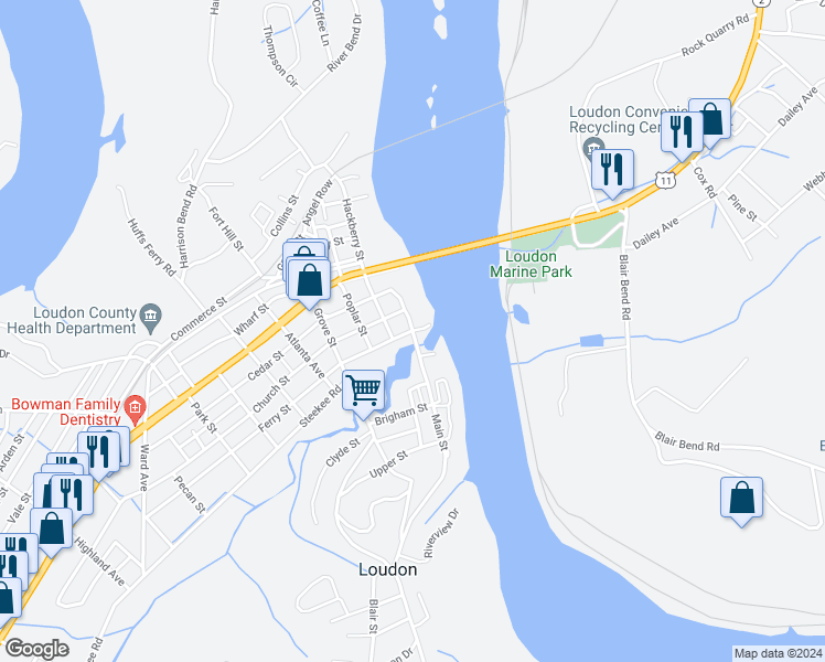 map of restaurants, bars, coffee shops, grocery stores, and more near 901 Main Street in Loudon