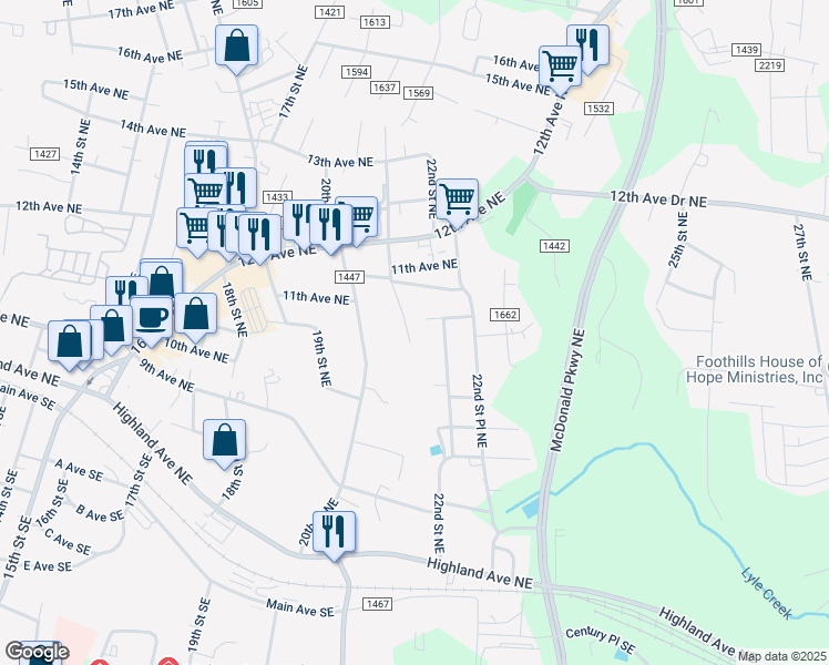 map of restaurants, bars, coffee shops, grocery stores, and more near 1050 21st Street Northeast in Hickory