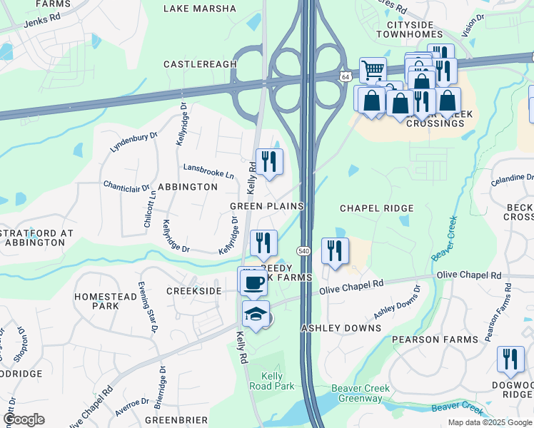 map of restaurants, bars, coffee shops, grocery stores, and more near 2224 Red Knot Lane in Apex