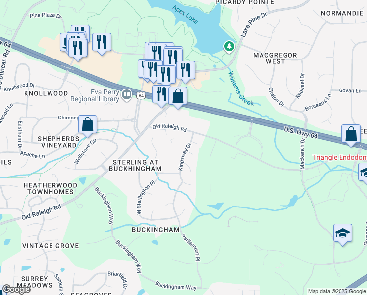 map of restaurants, bars, coffee shops, grocery stores, and more near 1008 Kingsway Drive in Apex