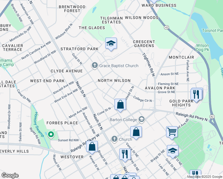 map of restaurants, bars, coffee shops, grocery stores, and more near 406 Rogers Avenue North in Wilson