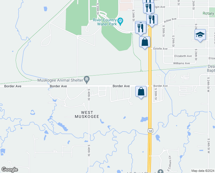 map of restaurants, bars, coffee shops, grocery stores, and more near 3901 Border Avenue in Muskogee