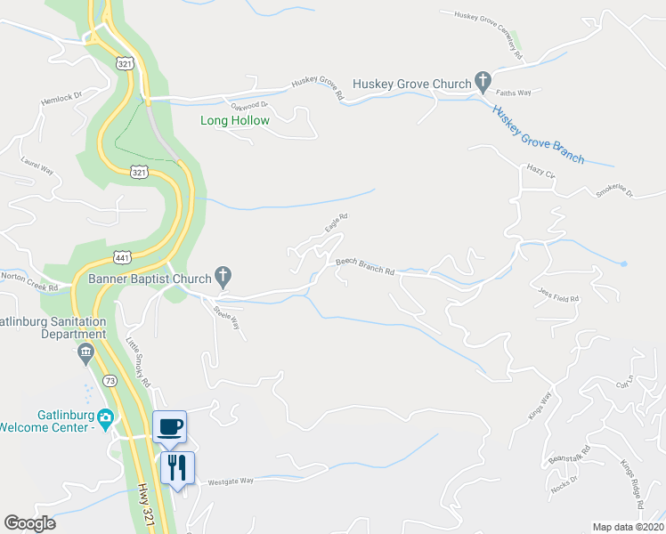 map of restaurants, bars, coffee shops, grocery stores, and more near 282 Beech Branch Road in Gatlinburg