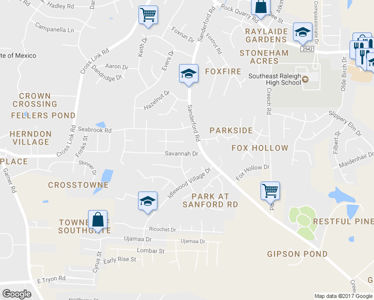 map of restaurants, bars, coffee shops, grocery stores, and more near 1405 Savannah Drive in Raleigh