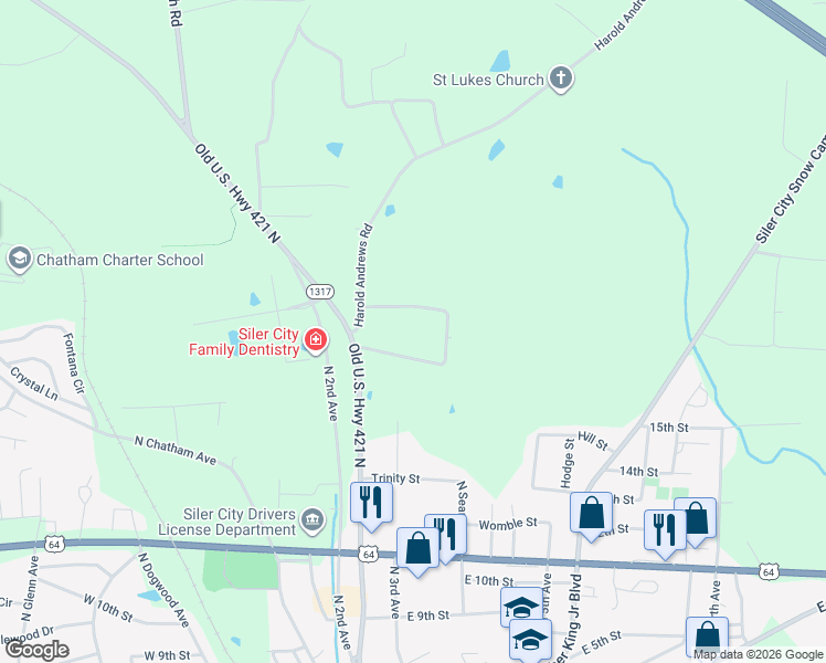 map of restaurants, bars, coffee shops, grocery stores, and more near 135 Roland Marsh Road in Siler City