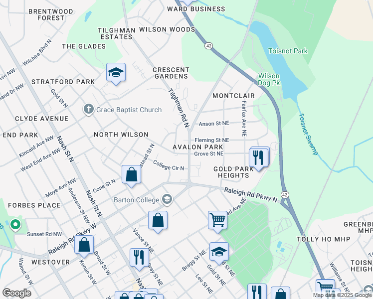 map of restaurants, bars, coffee shops, grocery stores, and more near 1003 Corbett Avenue North in Wilson