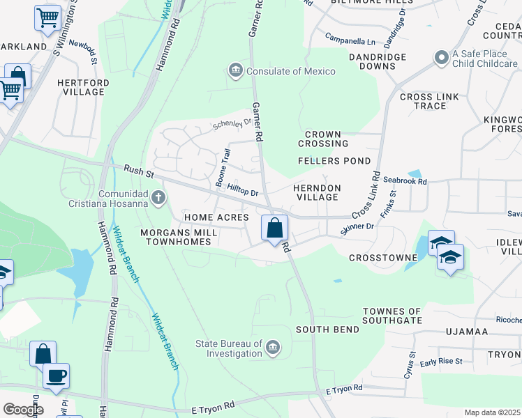 map of restaurants, bars, coffee shops, grocery stores, and more near 618 Rush Street in Raleigh