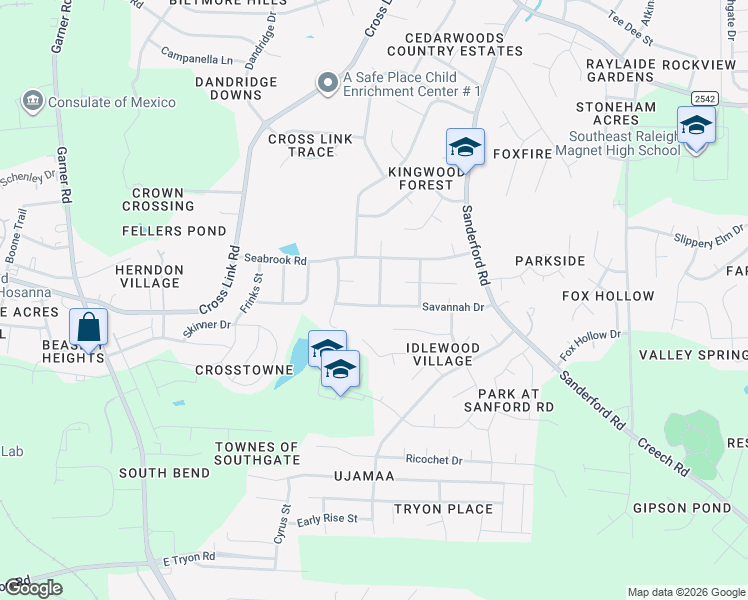 map of restaurants, bars, coffee shops, grocery stores, and more near 1121 Savannah Drive in Raleigh