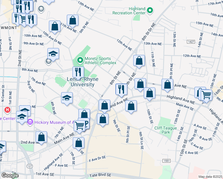 map of restaurants, bars, coffee shops, grocery stores, and more near 858 8th St NE in Hickory