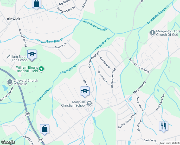 map of restaurants, bars, coffee shops, grocery stores, and more near 949 Elsborn Ridge Road in Maryville