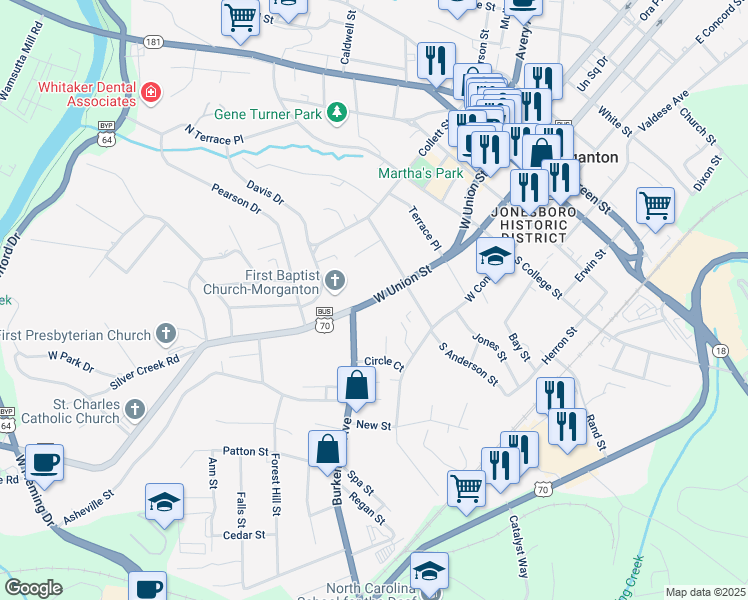 map of restaurants, bars, coffee shops, grocery stores, and more near 410 West Union Street in Morganton