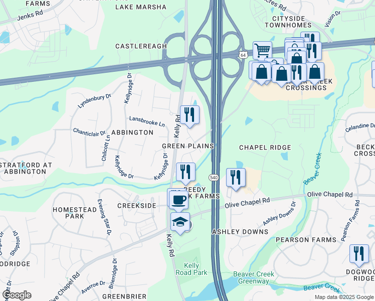 map of restaurants, bars, coffee shops, grocery stores, and more near 2224 Red Knot Lane in Apex