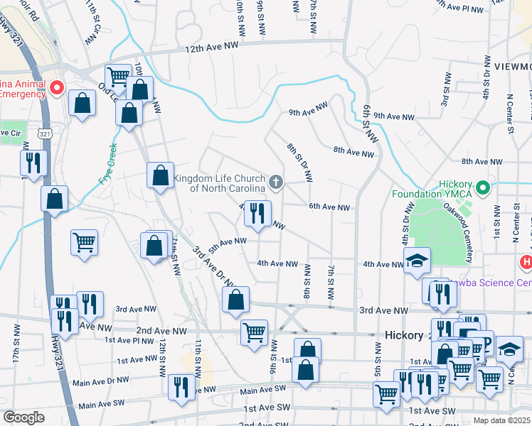 map of restaurants, bars, coffee shops, grocery stores, and more near 932 4th Avenue Drive Northwest in Hickory