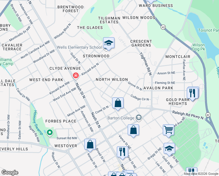 map of restaurants, bars, coffee shops, grocery stores, and more near 406 Rogers Avenue North in Wilson