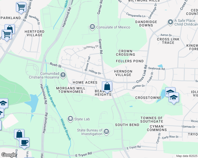 map of restaurants, bars, coffee shops, grocery stores, and more near 622 Rush Street in Raleigh