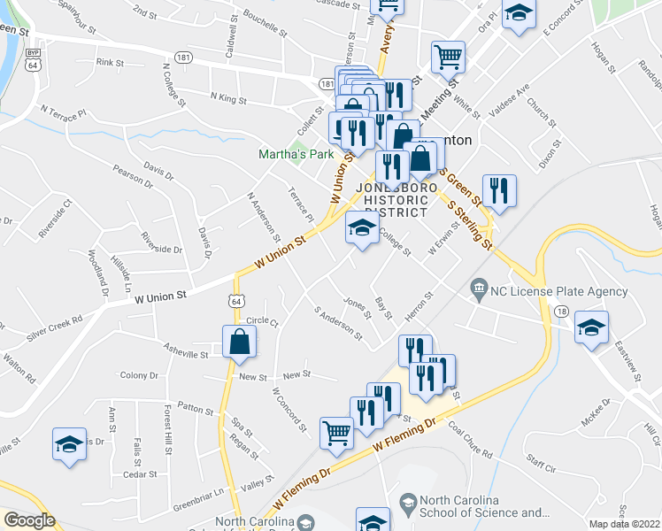 map of restaurants, bars, coffee shops, grocery stores, and more near 108 Lyman Court in Morganton