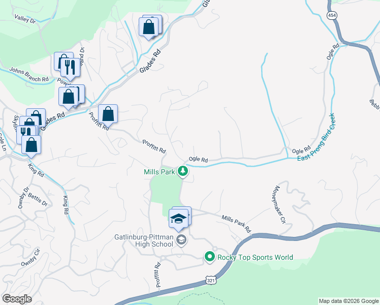 map of restaurants, bars, coffee shops, grocery stores, and more near 1739 Ogle Road in Gatlinburg