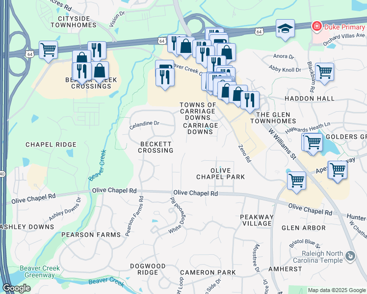 map of restaurants, bars, coffee shops, grocery stores, and more near 220 Kellerhis Dr in Apex