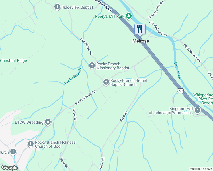 map of restaurants, bars, coffee shops, grocery stores, and more near 4502 Rocky Branch Road in Walland