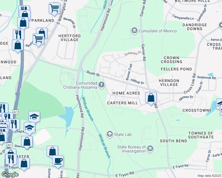 map of restaurants, bars, coffee shops, grocery stores, and more near 2924 Old Mill Stream Court in Raleigh