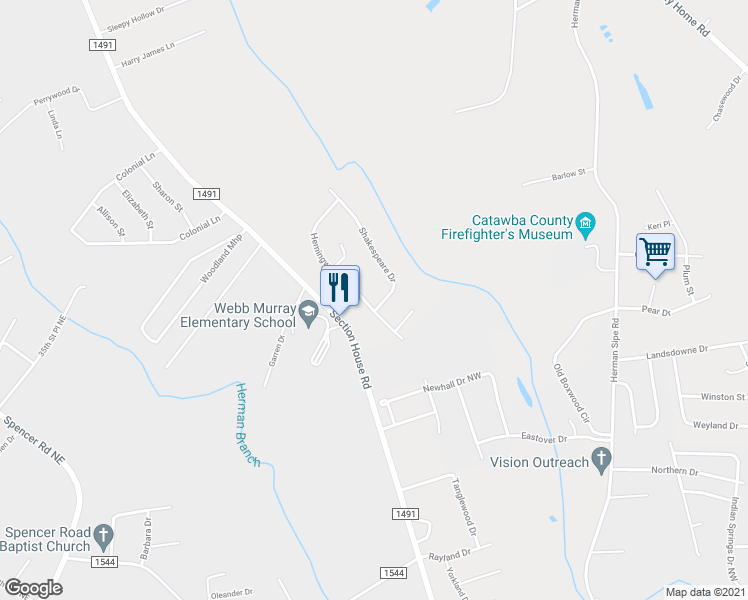 map of restaurants, bars, coffee shops, grocery stores, and more near 4094 Hemingway Drive in Hickory