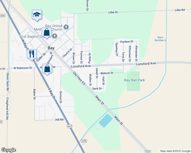 map of restaurants, bars, coffee shops, grocery stores, and more near 203 Isbell Street in Bay