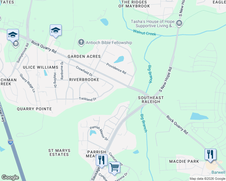 map of restaurants, bars, coffee shops, grocery stores, and more near 2932 Tuckland Drive in Raleigh