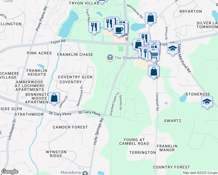 map of restaurants, bars, coffee shops, grocery stores, and more near 307 Fenella Drive in Raleigh