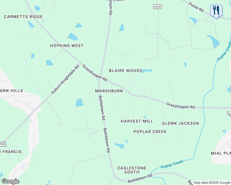 map of restaurants, bars, coffee shops, grocery stores, and more near 5428 Grasshopper Road in Raleigh