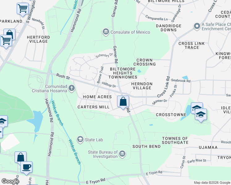map of restaurants, bars, coffee shops, grocery stores, and more near 604 Rush Street in Raleigh