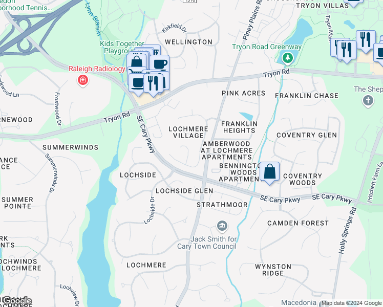 map of restaurants, bars, coffee shops, grocery stores, and more near 300 Jaslie Drive in Cary