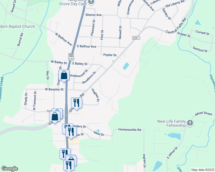 map of restaurants, bars, coffee shops, grocery stores, and more near 369 Humble Hollow Drive in Asheboro