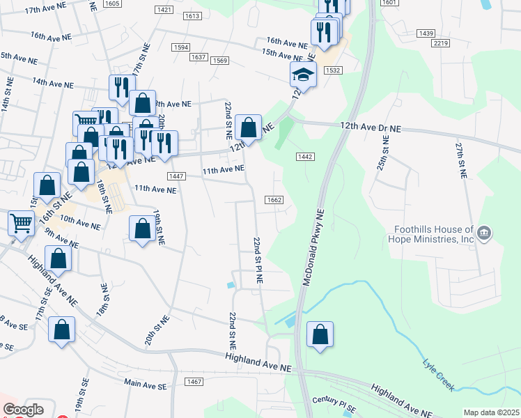 map of restaurants, bars, coffee shops, grocery stores, and more near 1040 22nd Street Place Northeast in Hickory