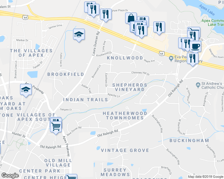 map of restaurants, bars, coffee shops, grocery stores, and more near 1201 Smokewood Drive in Apex