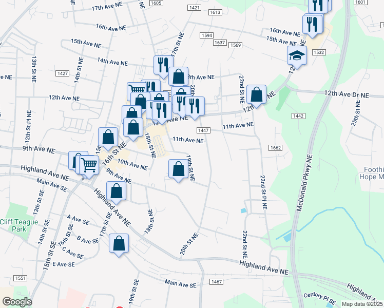map of restaurants, bars, coffee shops, grocery stores, and more near 1066 19th Street Northeast in Hickory