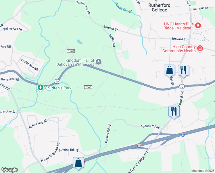 map of restaurants, bars, coffee shops, grocery stores, and more near 109 Cranbrook Avenue Southeast in Valdese
