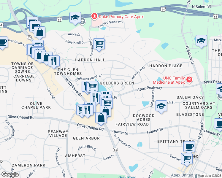map of restaurants, bars, coffee shops, grocery stores, and more near 700 Nottinghill Walk in Apex