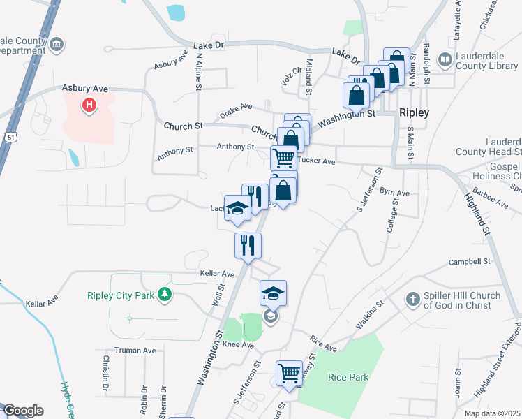 map of restaurants, bars, coffee shops, grocery stores, and more near 285 Washington Street in Ripley