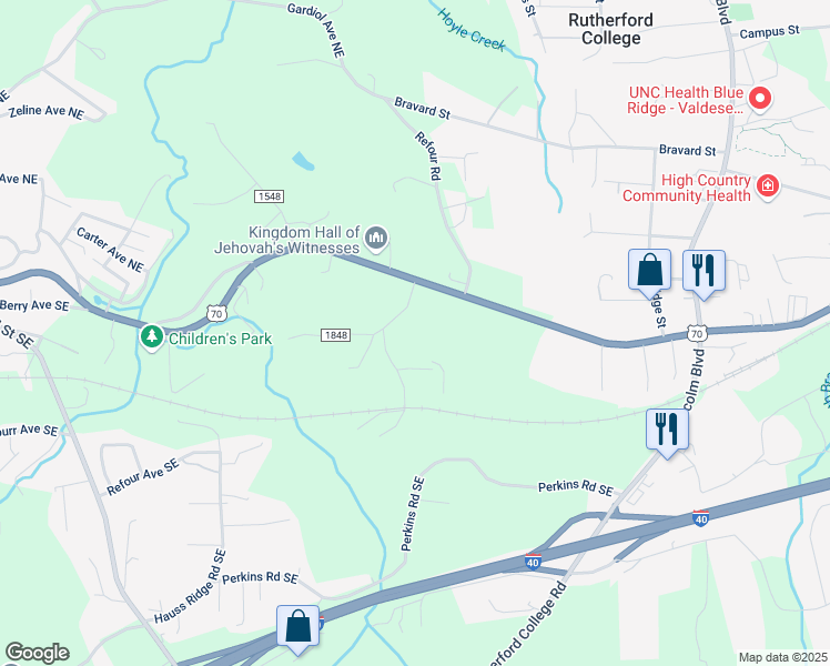 map of restaurants, bars, coffee shops, grocery stores, and more near 109 Cranbrook Avenue Southwest in Valdese