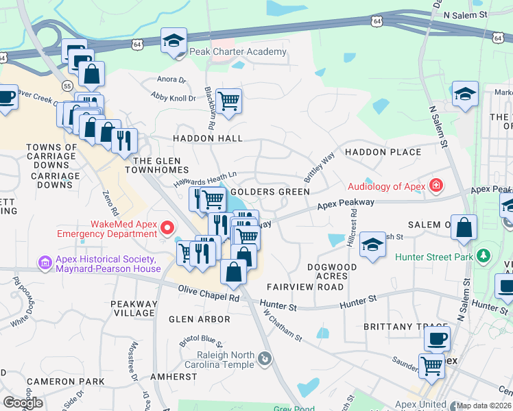 map of restaurants, bars, coffee shops, grocery stores, and more near 700 Nottinghill Walk in Apex