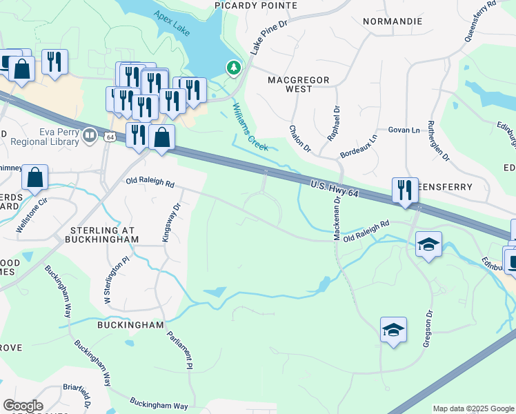 map of restaurants, bars, coffee shops, grocery stores, and more near 600 Auto Park Boulevard in Cary