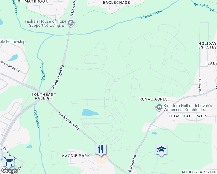 map of restaurants, bars, coffee shops, grocery stores, and more near 2222 Kasota Lane in Raleigh
