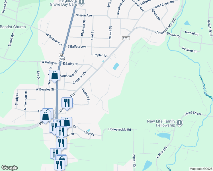map of restaurants, bars, coffee shops, grocery stores, and more near 369 Humble Hollow Drive in Asheboro