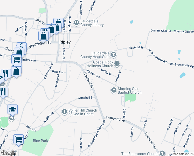 map of restaurants, bars, coffee shops, grocery stores, and more near 174 Barbee Avenue in Ripley