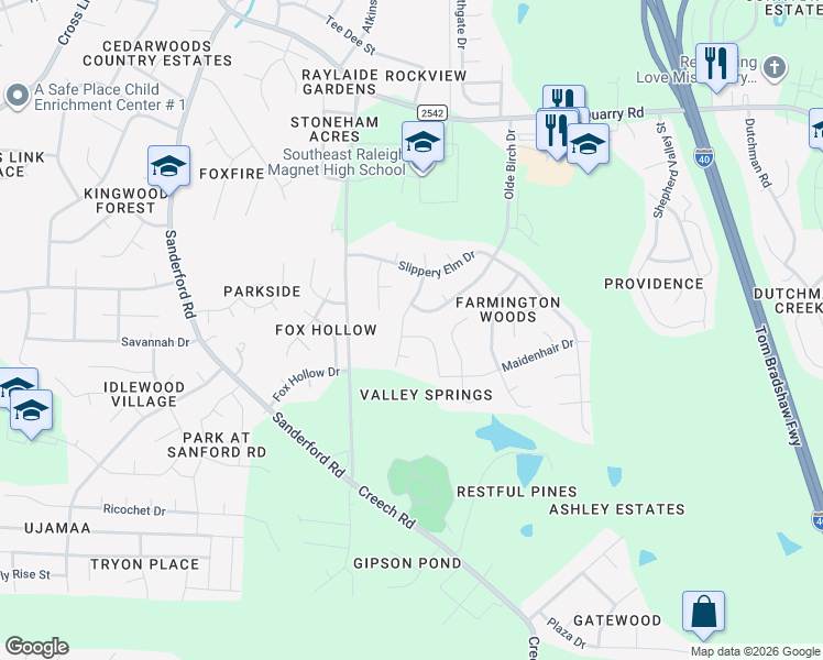 map of restaurants, bars, coffee shops, grocery stores, and more near 3105 Mango Drive in Raleigh