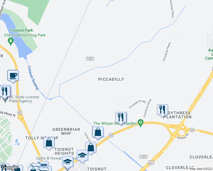 map of restaurants, bars, coffee shops, grocery stores, and more near 1803 London Church Road Northeast in Wilson
